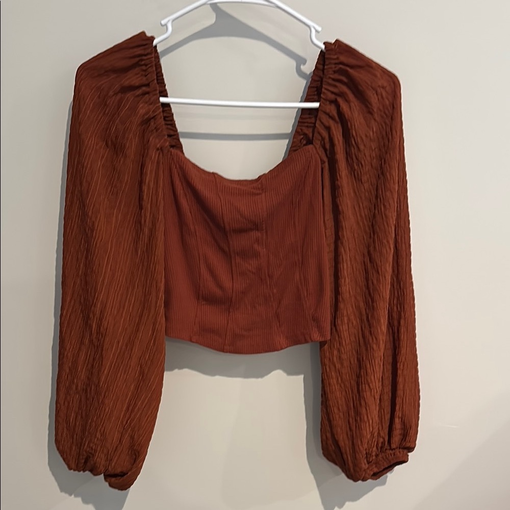 Urban Outfitters Brown Ruched Crop Blouse 3/4 Sleeve